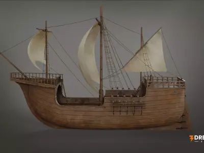 Medieval Cargo Sailing Ship - Historic Wooden Sea Vessel Low-poly 3D model