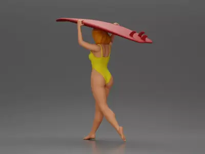 woman in swimsuit carrying a red surfboard on her shoulders 3D print model