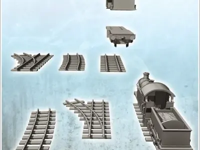 Steam locomotive with coal cars and rail set 4 - Modern WW2 WW1  3D print model