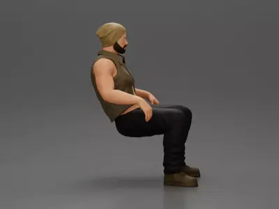 Muscular Bearded Man in Beanie Vest Pants Sitting Casually 3D print model