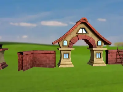 Stylized stone fence with an arch and a house PBR game ready Low-poly 3D model