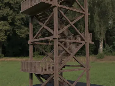 Watchtower wooden tower with stairs in middle of grassy field Free low-poly 3D model