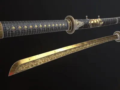 Golden Katana Sword PBR Game-Ready Low-poly 3D model