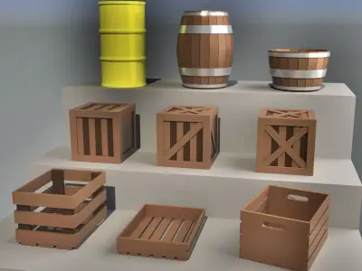 WOODEN BOXES AND BARRELS Low-poly 3D model
