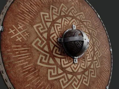 Slavic round leather shield-painted red with nordic symbol Low-poly 3D model