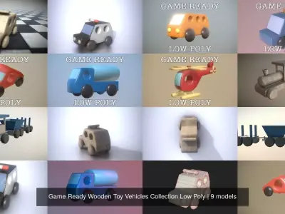 Game Ready Wooden Toy Vehicles Collection Low Poly 3D Model Pack