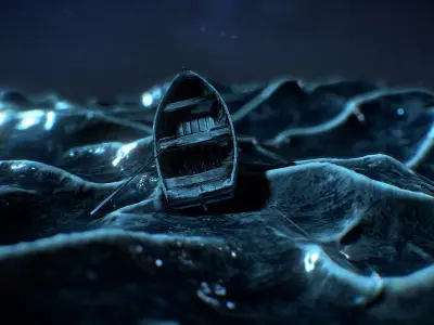 Adrift boat floating in water under starry sky Low-poly 3D model