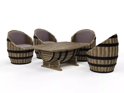 Wine Barrel Chair and Table Low-poly 3D model