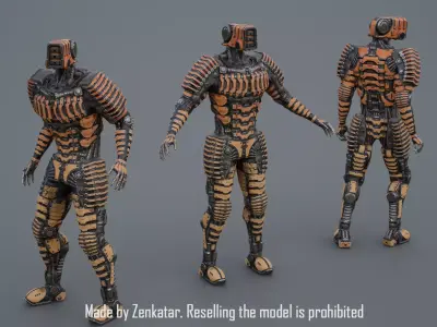 Yellow robot with ribbed armor plates Low-poly 3D model