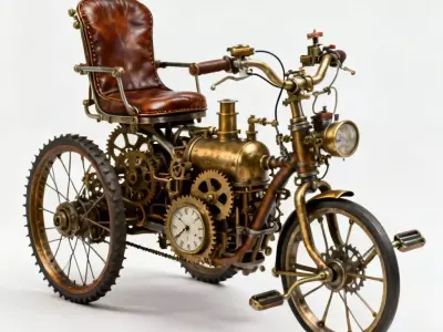 Quirky Steampunk Steam-Tricycle 3D Model Low-poly 3D model