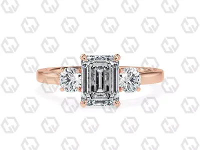 Ring 113 Emerald Shape Cathedral shank 3 stone ring with round 3D print model