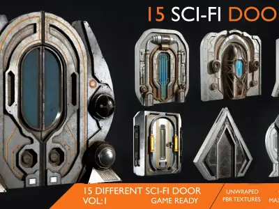 15 Scifi Doors Game Ready Low-poly 3D model