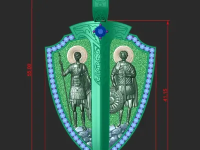 A PENDANT IN THE SHAPE OF A SHIELD WITH IMAGES OF SAINTS 3D print model