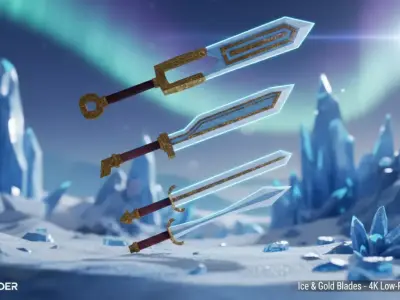 4 Stylized low-poly Ice Swords Game-ready Low-poly 3D model