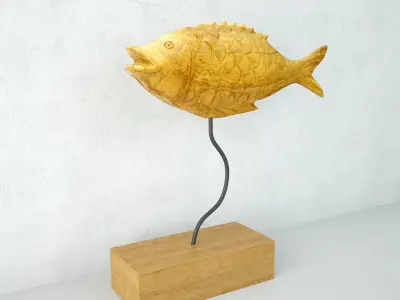 Carved Teak Fish with Base 3D model