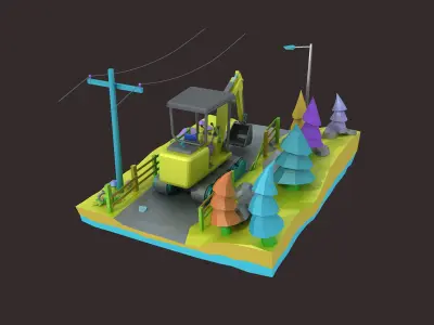 Cartoon diggers Low Poly Excavator 3D model