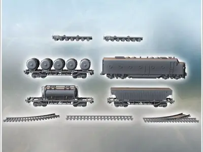 Modular railway convoy set with diesel locomotive industrial tra 3D print model