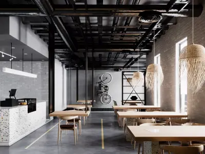 The Coffee G industrial cafe interior design 3D model