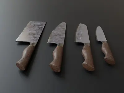Set of old scratched kitchen knifes 3D model