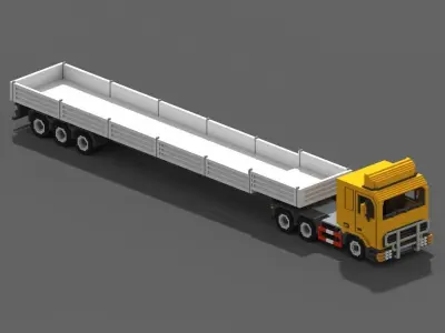 Voxel Truck And Flatbed Trailer Low-poly 3D model
