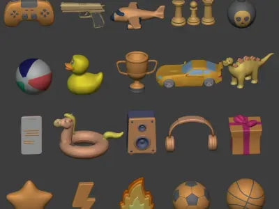 Cartoon Icon Pack - Game Controller - Plane - Car - Gun - Ball Low-poly 3D model