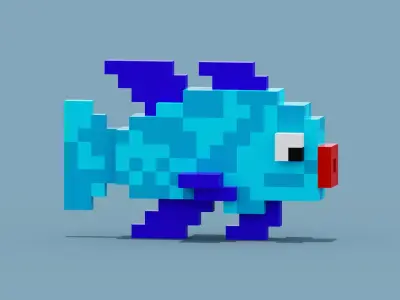 Voxel Blue Fish Low-poly 3D model
