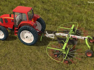 Tractor with Used Twin Rotor Rake Claas Liner 2700 Rigged 3D model
