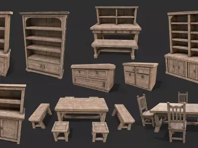 Medieval Environment Props 8 Library Furniture Pack Low-poly 3D model