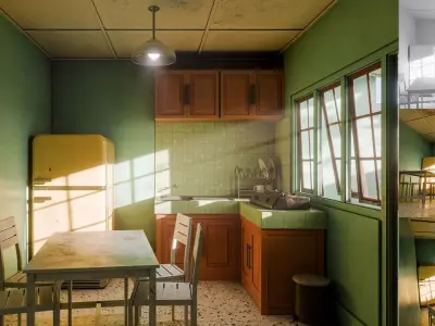 Kitchen with yellow refrigerator and green wall Low-poly 3D model