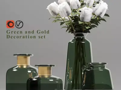 Green and Gold Decorative set with white roses Free 3D model