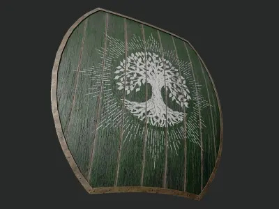 Slavic hybrid shield-painted green with trees symbol Low-poly 3D model