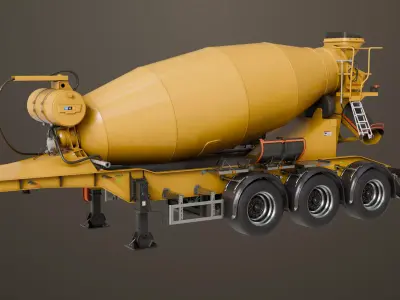Cement Mixer Yellow Trailer Rigged All PBR Unity UE Textures Low-poly 3D model