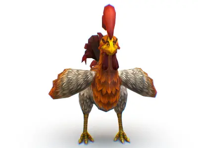 Colorful Rooster With Red Tail Detailed Feathers Low-poly 3D model