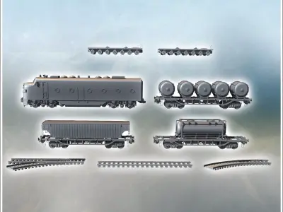 Modular railway convoy set with diesel locomotive industrial tra 3D print model