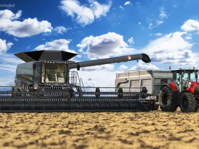 Harvester Massey Ferguson with Tractor with Agricultural Trailer 3D model