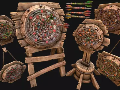 Darts and Dart Board Shooting Range Target Set Low-poly 3D model