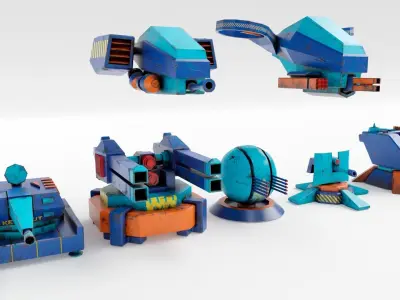Stylized turret and jet Low-poly 3D model