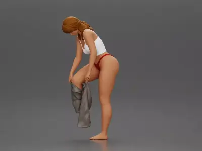 Woman in white top carefully wearing grey pants with balance 3D print model