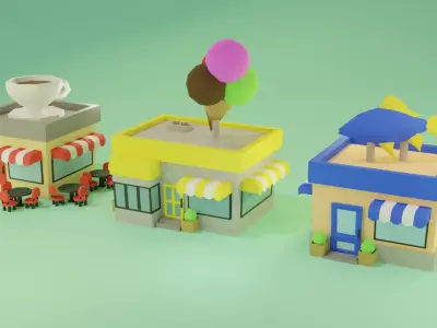 LowPoly Buildings town with and coffee shop Low-poly 3D model