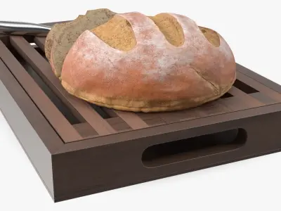 Dark Wood Bread Cutting Board with Knife and Round Loaf 3D model