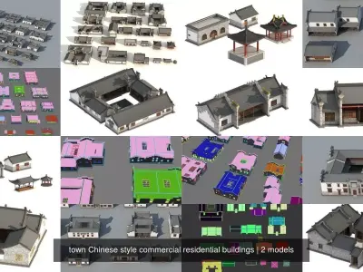 town Chinese style commercial residential buildings 3D Model Pack
