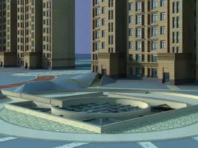 Architecture city with buildings and fountain 3D model