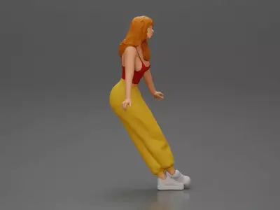 Woman sitting on car in red top yellow pants striking playful 3D print model