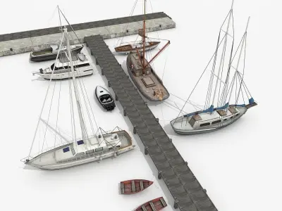 Pier with Sailboats and Yachts 3D Models Scene Low-poly 3D model
