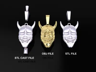 Hannya Mask Pendant 45mm Large Size With Bell 3D print model