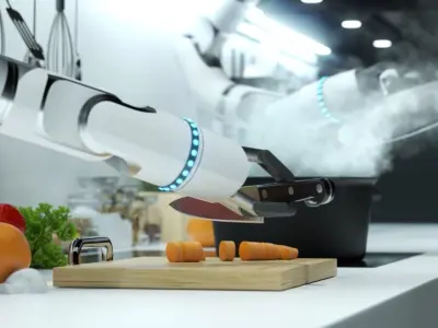 Robot Chef cooking soup 3d realistic animated scene Vray 3D model