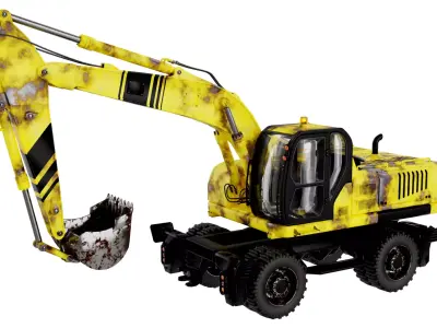 High Quality Wheeled Excavator with Realistic Materials Low-poly 3D model