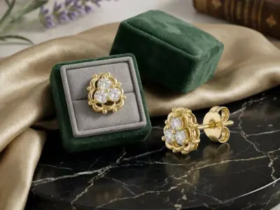 Floral Ornate Scalloped Classic Diamond Stud Earrings 3D print model