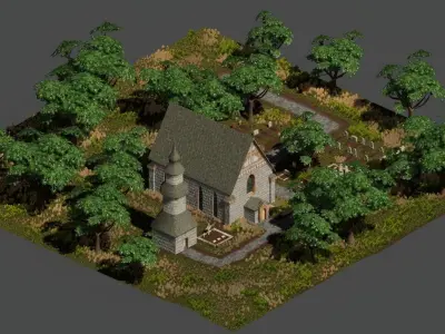 Medieval Church and Graveyard Low-poly 3D model