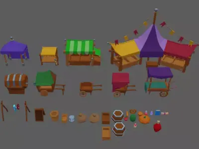 Stylized Cartoon Medieval market set Free low-poly 3D model